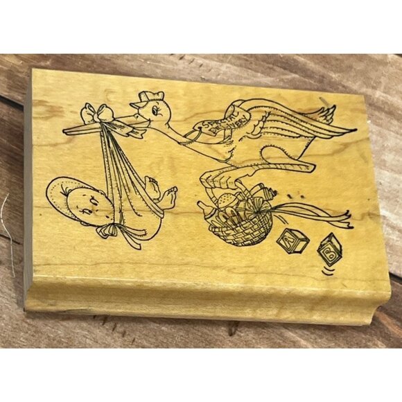 1996 ART IMPRESSIONS P-1232 STORK AND BABY WOOD MOUNTED RUBBER STAMP DELIVERY - Picture 1 of 4
